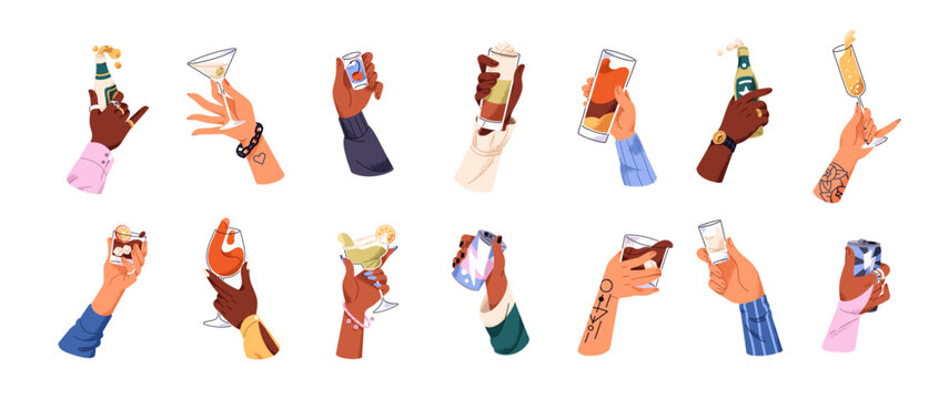 Set of hands holding glasses of alcohol drinks. People toast with wineglasses of cocktails, shots of vodka, bottle of beer. Celebration at party. Flat isolated vector illustrations on white background