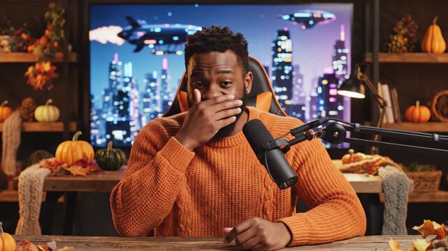 Person Hosting Podcast in Autumn Themed Studio with Futuristic Cityscape Background Displayed on Screen Behind Them at Night