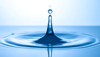 A single water droplet impacting a still surface, creating concentric ripples, in a cool, blue tone