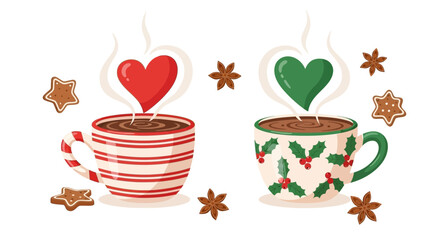 Two steaming mugs of hot chocolate with heart shaped steam and festive christmas cookies and star anise on white background