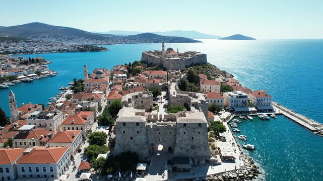 Aerial View of the Coastal City of Chios, Greece on a Sunny Day