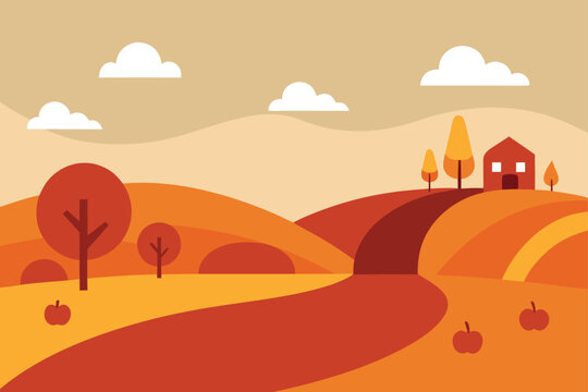 Autumn rural landscape with house, rolling hills, trees, and apples