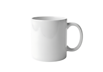 A plain white ceramic coffee mug with a handle isolated on transparent background