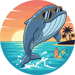 Cool cartoon whale jumping over surfboards at a sunset beach with palm trees. A vibrant, retro-style graphic perfect for beach lovers, summer, and marine life themes.