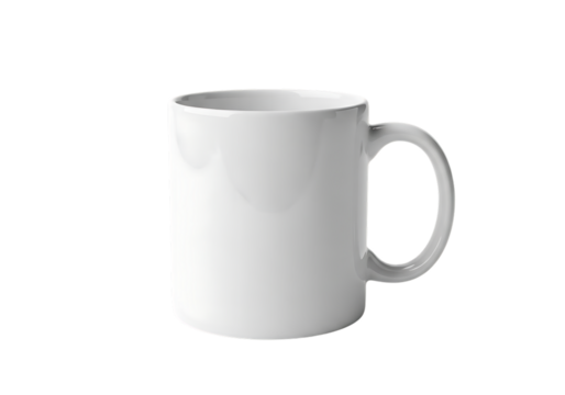 A plain white ceramic coffee mug with a handle isolated on transparent background