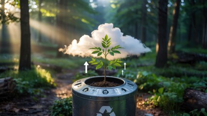A forest with a patch of white cloud, which depicts green plants making their way out of a trash can, arrows up, symbolizing the resumption of growth.