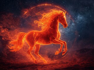 Red fiery horse against a cosmic background with a glowing halo and blazing mane. The image references the Chinese calendar and the festive symbolism of 2026.