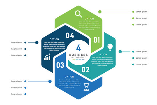 4 Option Business Infographic with Hexagonal Layout and Color Coded Icons