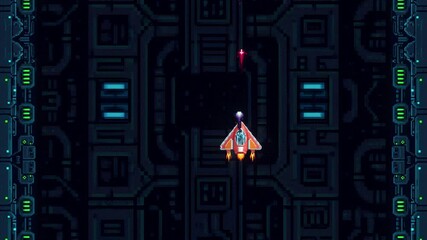 Pixel art space shooter boss fight showing a small spaceship blowing up a huge enemy spacecraft and winning the game. Fake gaming scene with space shooting, ending with victory. - Powered by Adobe