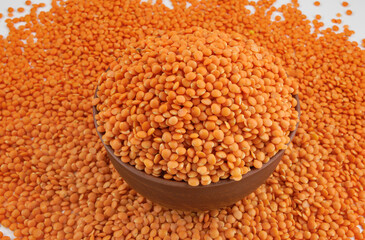 Red lentil background. Beautiful red lentils.