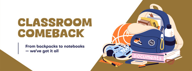 Back to school sale banner design. Advertising template of discounts for books, stationery and backpacks. Promotion layout of store with items for education and study. Flat vector illustration