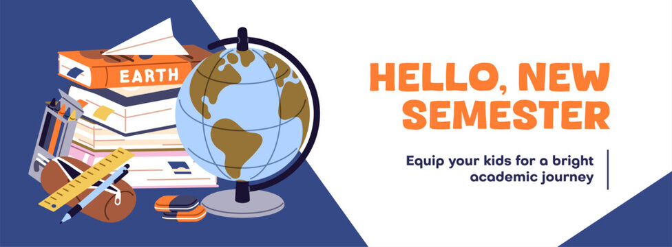 Design of back to school banner with advertising of books and stationery store. Promotion template of sale, discounts in shop of educational items, textbooks for studying. Flat vector illustration