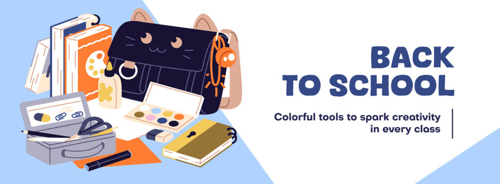 Advertising banner of back to school sale. Design of promotion template of shop with schoolbag, books and stationery. Layout with educational items and tools for kids. Flat vector illustration
