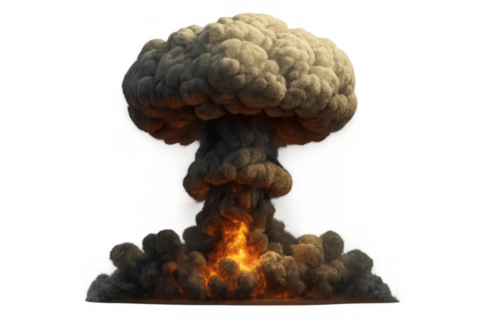 Atomic energy exploding, creating mushroom cloud, devastating war, destruction, and nuclear blast on transparent