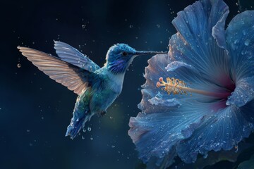 Fototapeta premium Hummingbird and Blue Flower: A hummingbird delicately hovers, its iridescent wings a blur, as it sips nectar from a vibrant blue flower, a captivating dance of nature's beauty.
