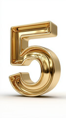 Shiny golden number five stands prominently against clean white background, exuding elegance and sophistication. reflective surface adds luxurious touch