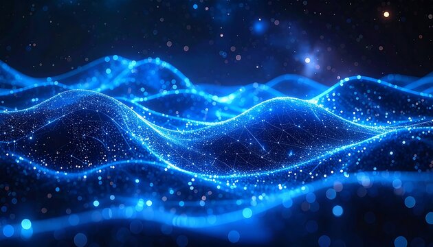 Abstract, blue, glowing, wireframe hills over a dark, starry background with floating bokeh effect - Powered by Adobe