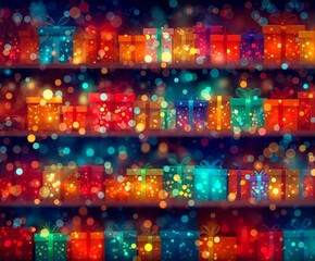 Vibrant rows of colorful Christmas gifts glowing with festive lights and bokeh sparkle. A magical holiday background full of joy, celebration, and warmth — perfect for seasonal design and decor.