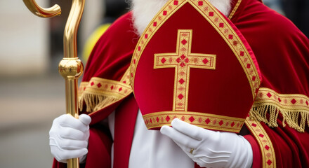 Red sinterklaas hat Mitre, decorative staff, festive attire and dutch holiday spirit. traditional Saint Nicolas day five december. Sinterklaas greeting card. Festive day in Netherlands, Belgium