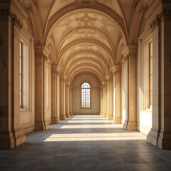 Sunlit hallway characterized by arched stone columns and a vaulted ceiling.