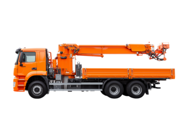 Robust hook lift truck featuring an extended boom and flatbed platform isolated on transparent White background png