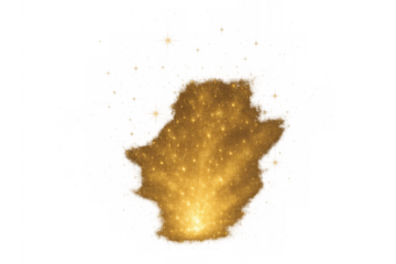 Golden glitter explosion effect creating sparkling dust particles and glowing light flares on transparent background