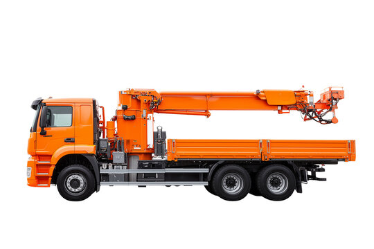 Robust hook lift truck featuring an extended boom and flatbed platform isolated on transparent White background png