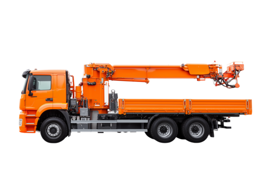 Robust hook lift truck featuring an extended boom and flatbed platform isolated on transparent White background png