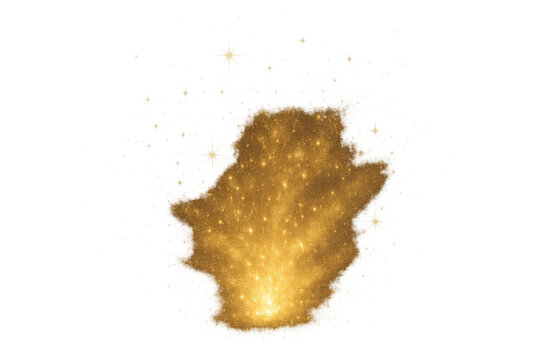 Golden glitter explosion effect creating sparkling dust particles and glowing light flares on transparent background - Powered by Adobe