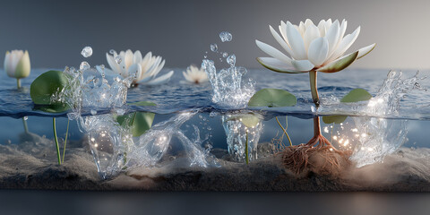 Lotus flowers gracefully rise from water, surrounded by splashing droplets and lush green leaves, creating serene and dynamic scene