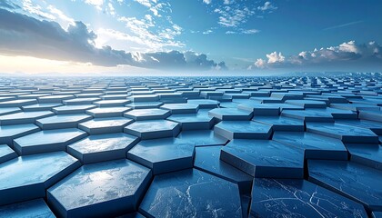 Abstract blue hexagon pattern receding into horizon under a bright blue sky with clouds