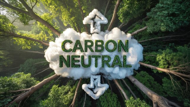 Top view of the forest cover, a white cloud in the center with the inscription “Carbon Neutral” on a background of green foliage, balance arrows up and down.