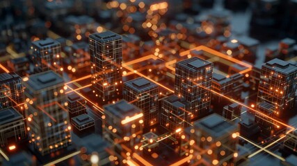 A cityscape with many buildings lit up in the dark. Macro shot minimal futuristic tiny city blocks with glowing real time risk control lattice overlay, digital city ecosystem - Powered by Adobe