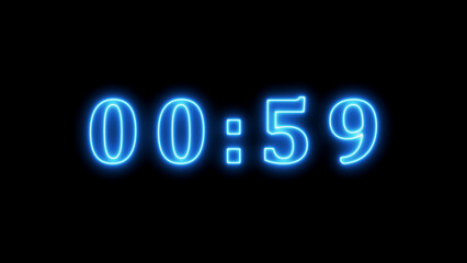 Neon Blue Digital Countdown Timer Displaying 00:59 on a Black Background Keywords: countdown, timer, time, digital, numbers, clock, seconds, minutes, zero, fifty nine, neon, blue, glowing, light