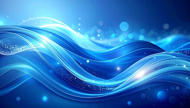 Abstract digital art Fluid blue waves flow with sparkling lights and glowing orbs on a gradient background - Powered by Adobe