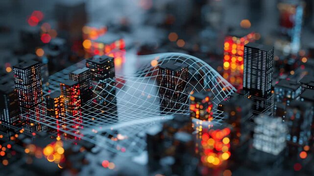 A cityscape with many buildings and lights. The lights are orange and red. Macro shot minimal futuristic tiny city blocks with glowing real time risk control lattice overlay, digital city ecosystem