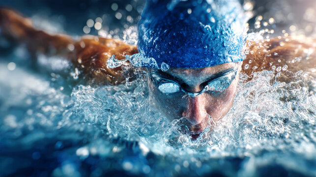 Competitive swimmer gliding through water in a dynamic stroke with a focused expression