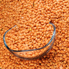 Red lentil background with glass cup.