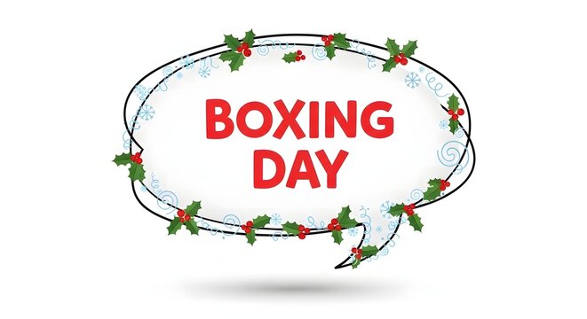 Boxing day sale announcement inside festive holly decorated speech bubble