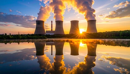 A row of tall cooling towers emit steam at sunrise, reflected in still water under a cloudy blue and orange sky
