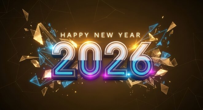 Futuristic 2026 new year celebration with neon lights and polygonal decorations
