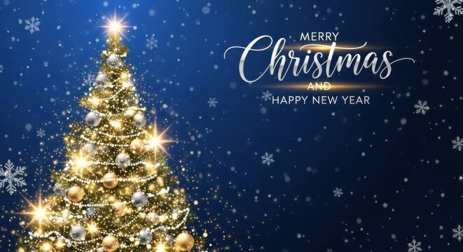 Radiant Christmas Tree Against a Deep Blue Background with Falling Snow