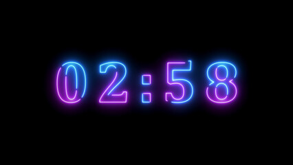 Blue and purple neon digital clock displaying 02:58 on black background Keywords: digital clock, neon, 02:58, time, countdown, timer, numbers, bright, glowing, blue, purple, contrast, dark, modern