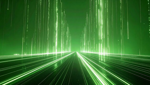 Abstract digital background with green light streaks forming a city or landscape