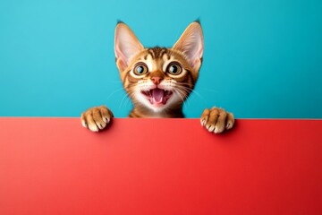 Cat billboard scene. Marketing pet expression. Isolated baby feline on a solid suit rblue background. Ð¡ute cat oriental shorthair hold in front paws a template - large red way sign.