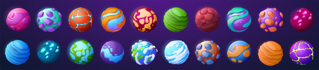 Fantasy planets and asteroids icons for space game
