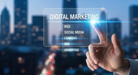 Hand touching virtual screen with digital marketing concept on city background