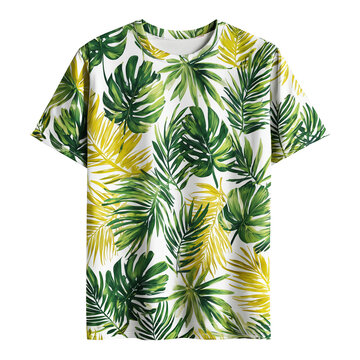 Tie-front t-shirt with a tropical palm leaf print in green and yellow isolated on transparent White background png