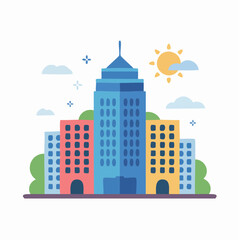 A vibrant flat illustration of a modern city skyline with colorful buildings under a sunny sky.