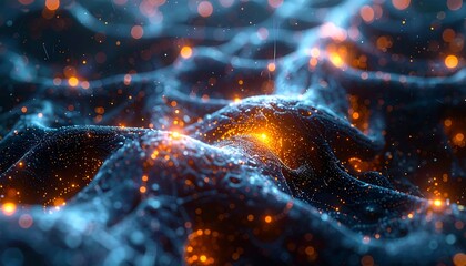 Abstract blue network surface with warm light particles floating